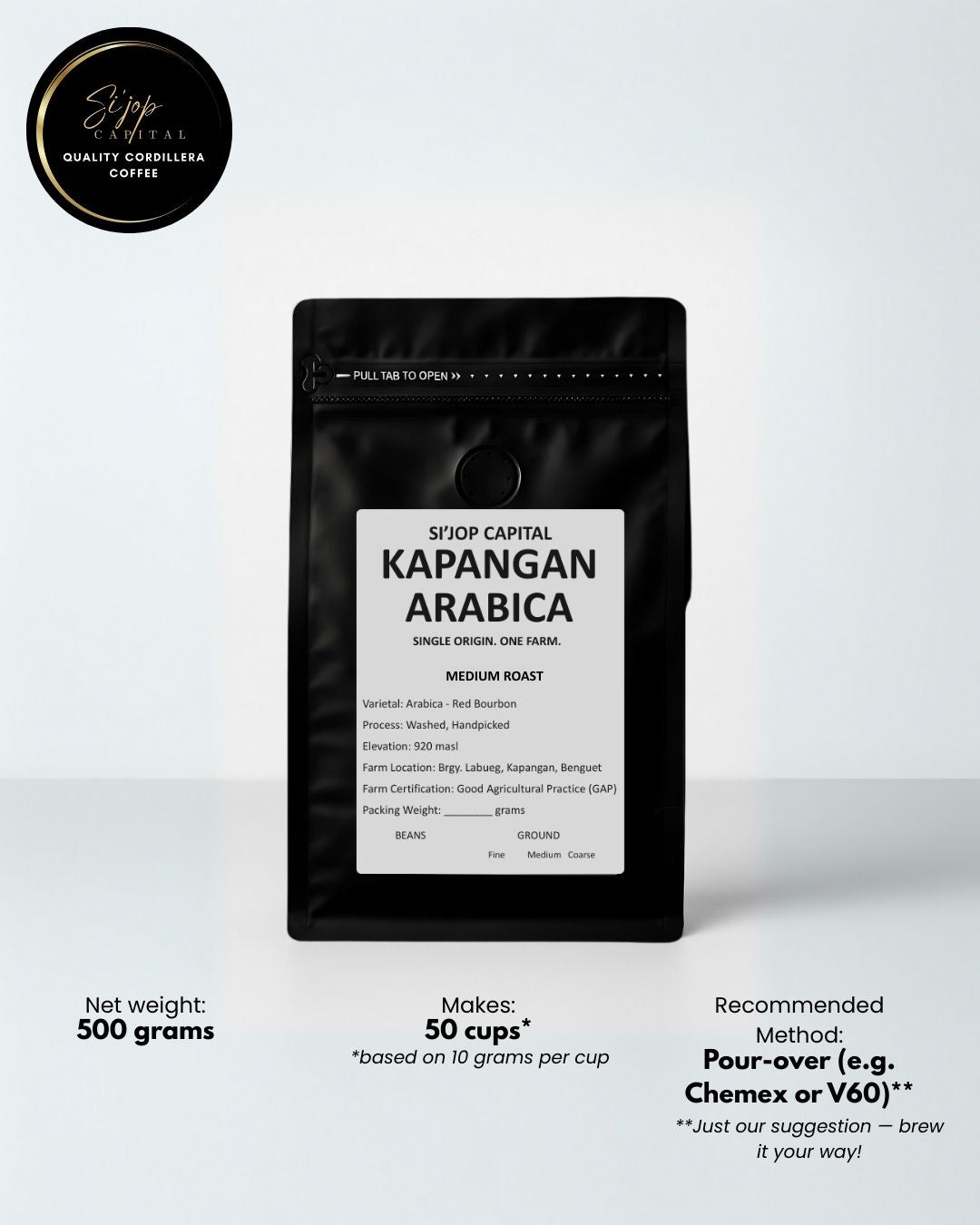Kapangan Arabica single origin coffee by Si'jop Capital in Black coffee packaging with white label on a white background